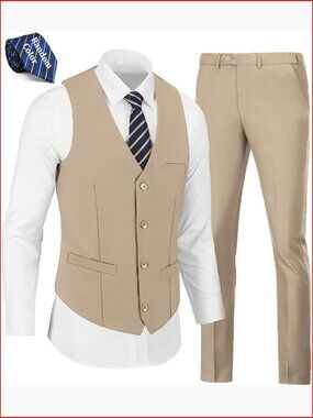 Mens 2 Piece Slim Fit Suit Set Vest & Pants Groomsmen Formal